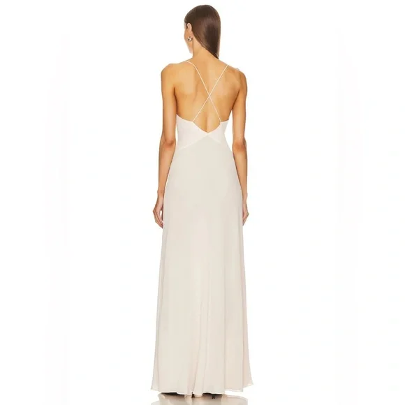 Revolve Helsa Sheer Deep V Long Slip Dress Cream Maxi with Rosette Flower Small - Picture 3 of 14